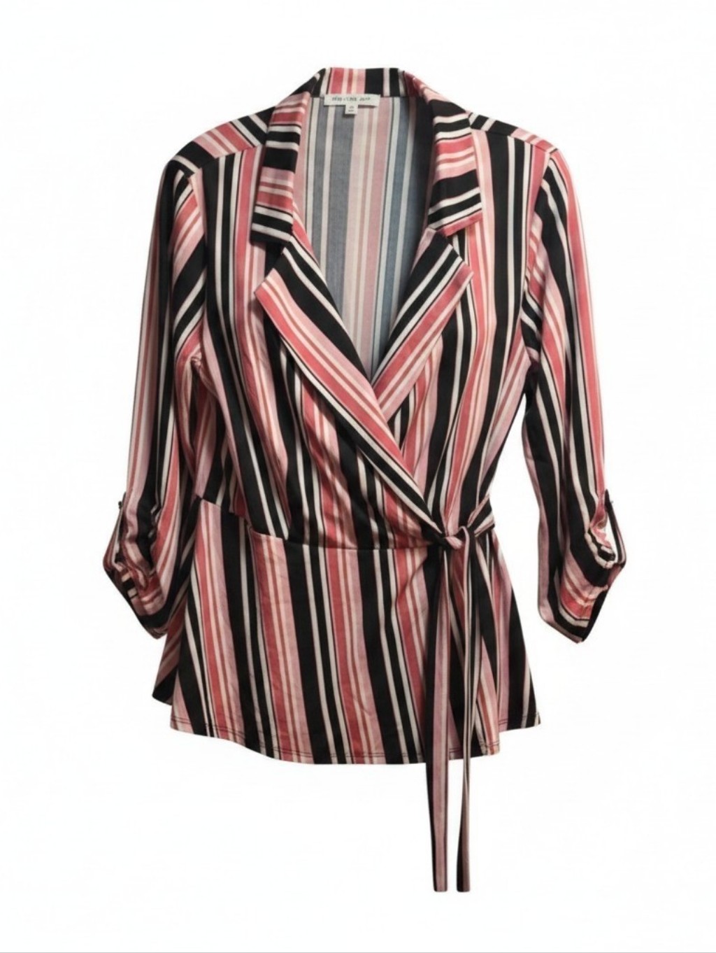 Perception Concept M Striped Wrap Top Pink Black Long Sleeve Surplice Blouse New